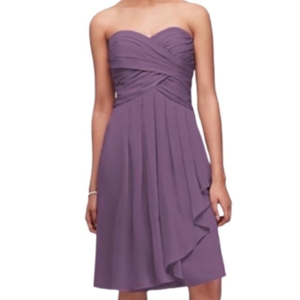 Davids Bridal short crinkle chiffon dress with cascade front F14847 size 2